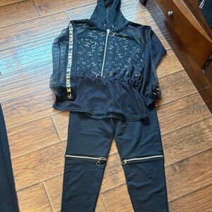 CHANEL Black Mesh Hoodie and Joggers with Gold Accents